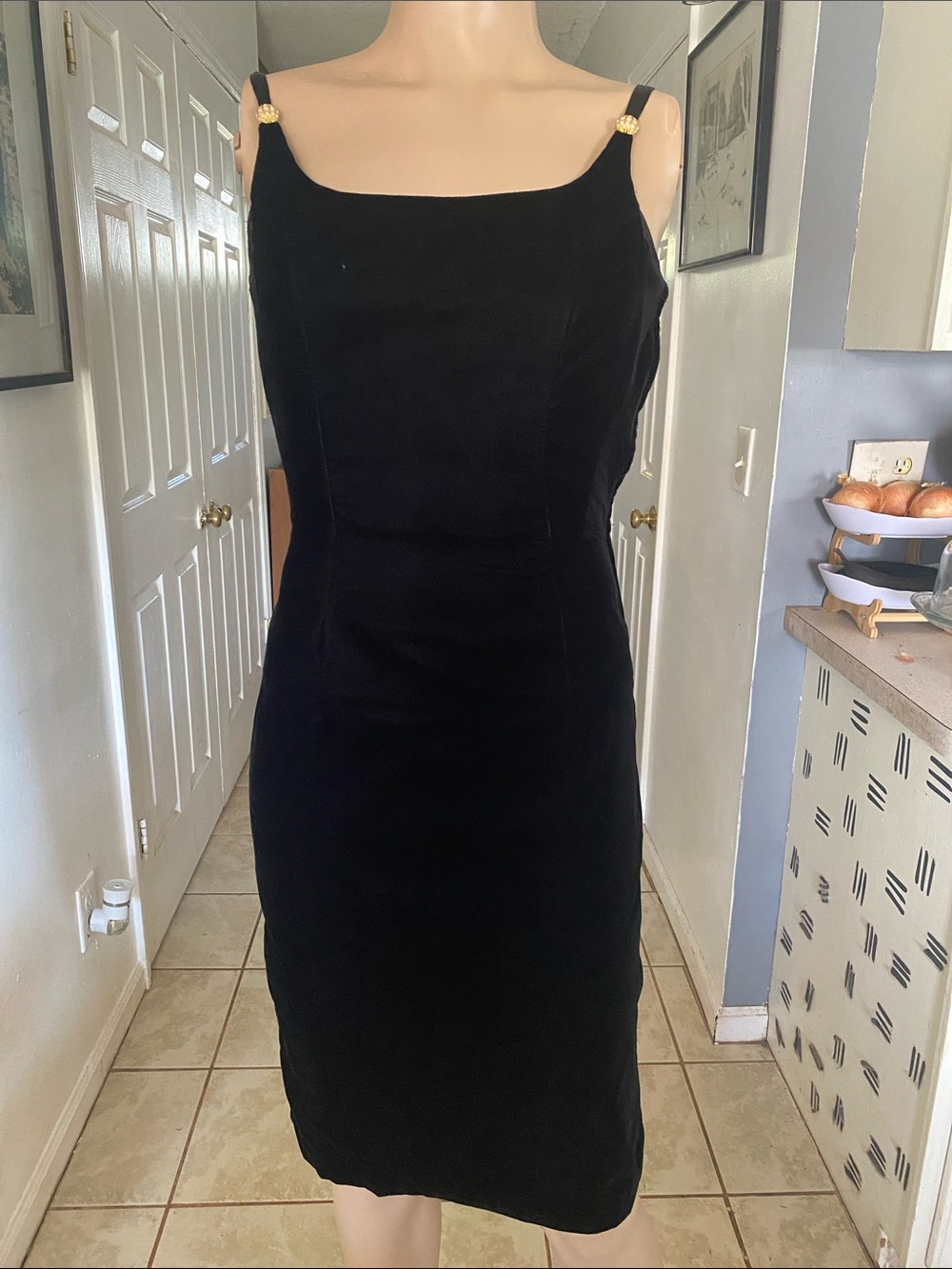 Scott McClintock Vintage Black Velvet Midi Dress with Gold Accent Straps. Gb3